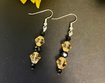 Beaded Drop Amber and Black Earrings with stainless steel ear hooks - Hand made