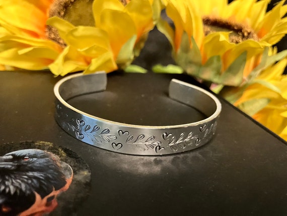 Ferns and Hearts - hand stamped pattern - 10mm Aluminium Cuff Bracelet