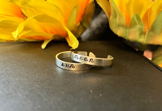 Sun and Moon, duo set - Couples rings, Best Friends -  Hand stamped 3.5mm aluminium  rings