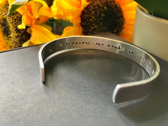 Inspirational Secret Message Jewellery: Hand-Stamped Custom Cuff with Quote - She Believed She Could So She Did 10mm Aluminium Cuff Bracelet