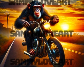 Chimpanzee riding a motorcycle in the sunset png