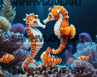 Seahorse and clownfish chilling together png download no watermark