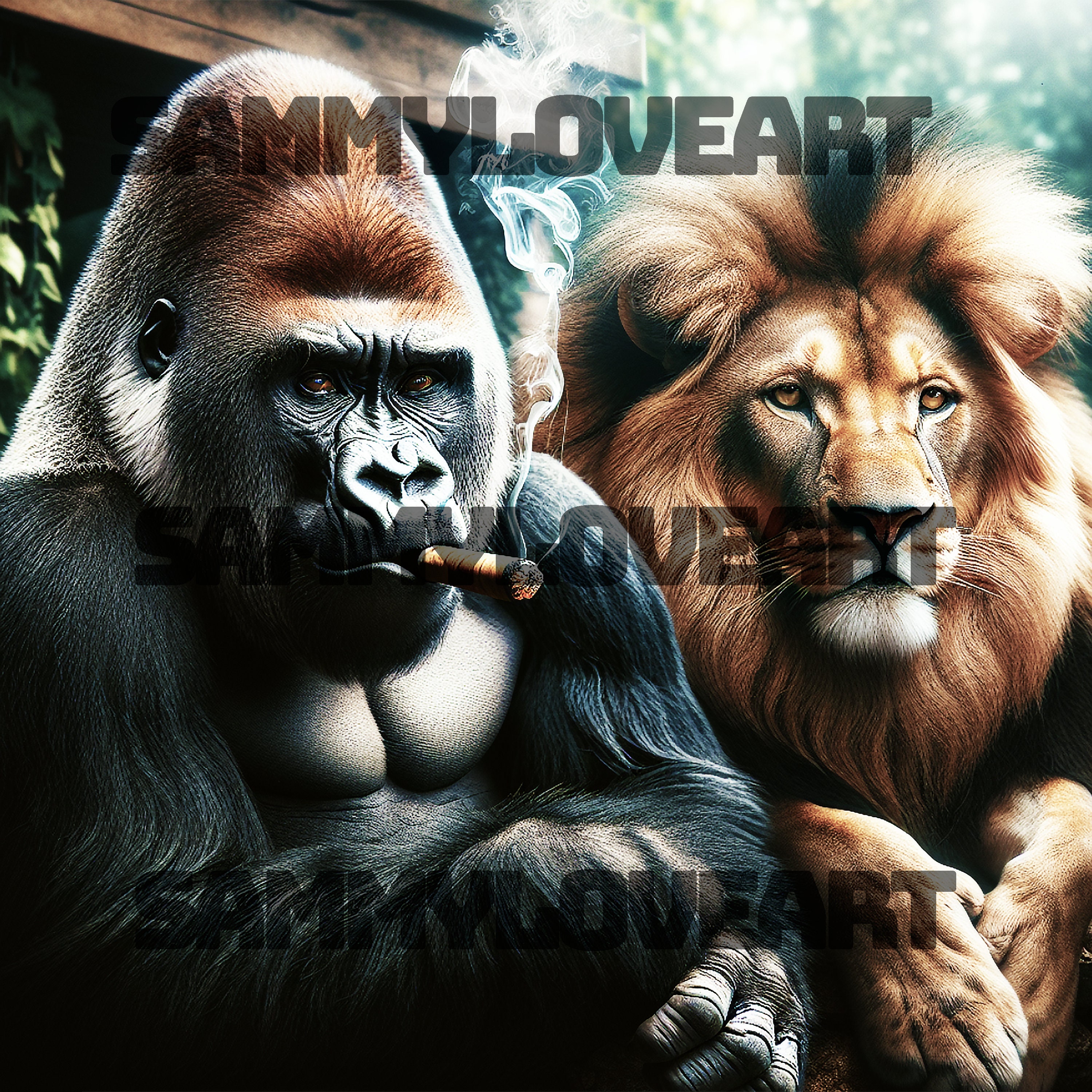 Gorilla and Lion chilling and smoking png download with no watermark