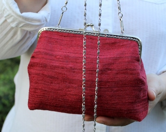 Handmade KissLock Coin Purse from silk and linen fabric (red colour)