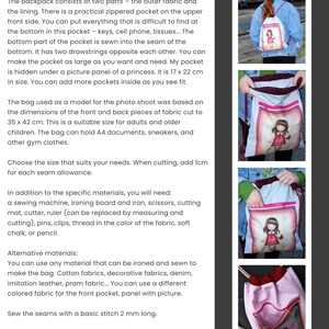 K&ouml;nnte beinhalten: DIY-Rucksack-Schnittmuster mit einem Prinzessinnen-Motiv auf der Vordertasche. Die Tasche hat einen Kordelzugverschluss und eine Rei&szlig;verschlusstasche. Die fertige Tasche ist ca. 35 x 42 cm gro&szlig;. Das Muster enth&auml;lt Anweisungen und Materialvorschl&auml;ge.