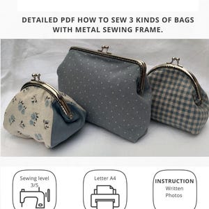 PDF Sewing Pattern / Pattern of a Handbag with Clasp / 3 patterns for 2 frame sizes / Bag pattern file for download /Kiss lock purse