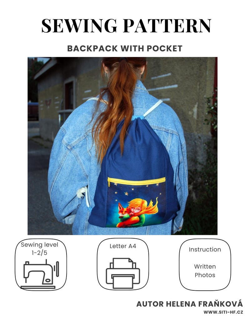 K&ouml;nnte beinhalten: Blauer Rucksack mit gelber Rei&szlig;verschlusstasche, mit einem Cartoon-Fuchs und einem Kind unter Sternenhimmel. Der Text "SEWING PATTERN BACKPACK WITH POCKET" steht oben. Enth&auml;lt N&auml;hlevel, Papierformat und Anweisungsdetails.