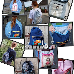 K&ouml;nnte beinhalten: Sammlung von Turnbeuteln mit verschiedenen Designs. Enth&auml;lt eine marineblaue Tasche mit einer Illustration von Fuchs und Sternen, eine hellblaue Tasche mit einer M&auml;dchenillustration und eine Tasche mit schwarz-wei&szlig;em Rautenmuster. Jede Tasche hat eine Rei&szlig;verschluss-Vordertasche.