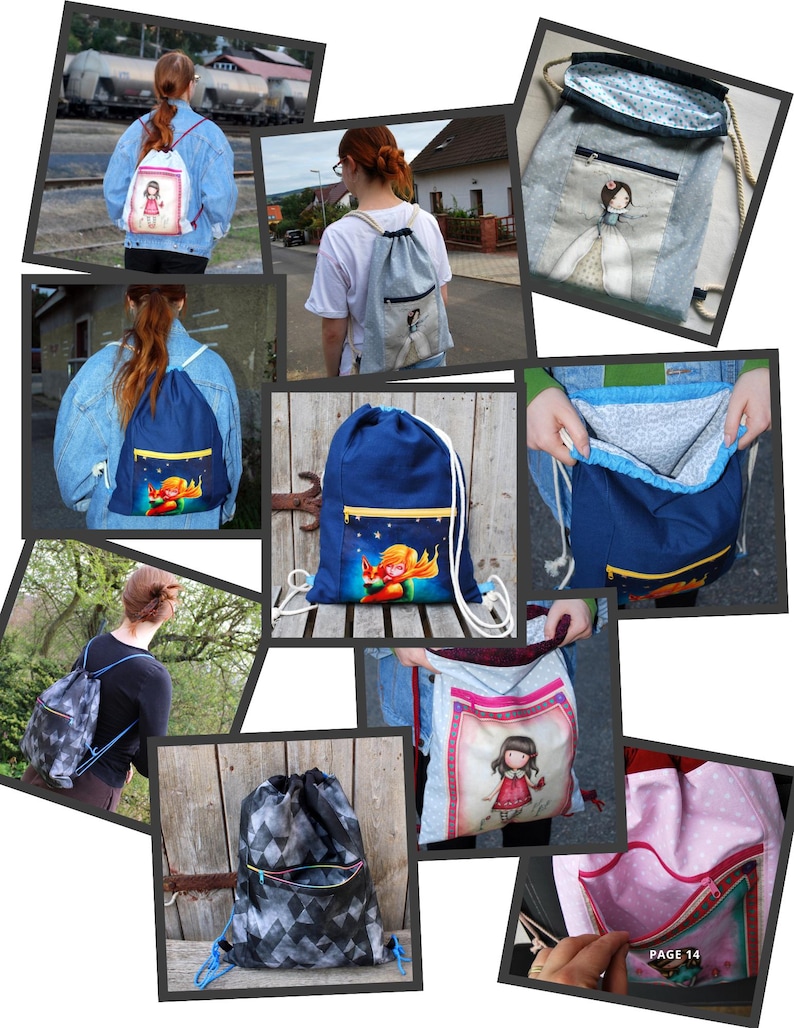 K&ouml;nnte beinhalten: Sammlung von Turnbeuteln mit verschiedenen Designs. Enth&auml;lt eine marineblaue Tasche mit einer Illustration von Fuchs und Sternen, eine hellblaue Tasche mit einer M&auml;dchenillustration und eine Tasche mit schwarz-wei&szlig;em Rautenmuster. Jede Tasche hat eine Rei&szlig;verschluss-Vordertasche.