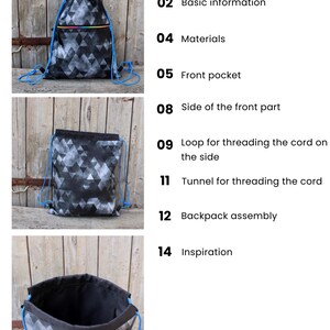 K&ouml;nnte beinhalten: Ein schwarz-wei&szlig;es Rucksack mit geometrischem Muster und blauen Kordeln. Der Rucksack hat ein Regenbogenfarbenes Rei&szlig;verschlussdetail. Das Bild enth&auml;lt auch das Wort "CONTENTS" und die Website-Adresse "www.siti-hf.cz".