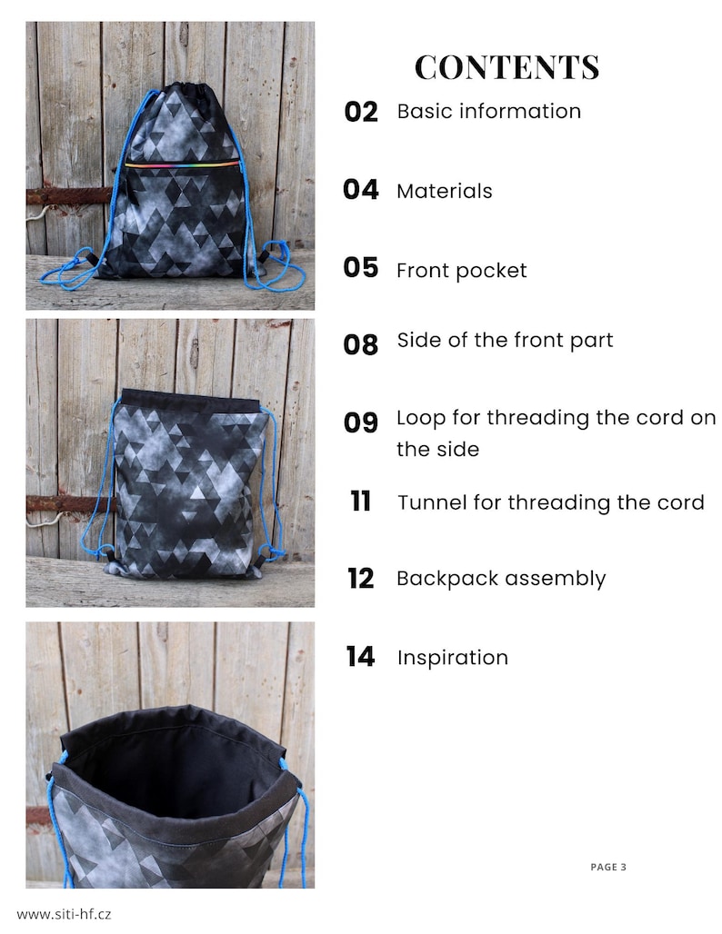 K&ouml;nnte beinhalten: Ein schwarz-wei&szlig;es Rucksack mit geometrischem Muster und blauen Kordeln. Der Rucksack hat ein Regenbogenfarbenes Rei&szlig;verschlussdetail. Das Bild enth&auml;lt auch das Wort "CONTENTS" und die Website-Adresse "www.siti-hf.cz".
