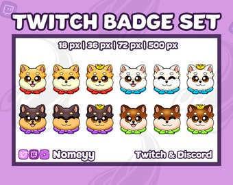 May include: A set of Twitch badges featuring cartoon Shiba Inu dogs with various expressions and accessories. The badges are in multiple sizes, including 18px, 36px, 72px, and 500px. The text "TWITCH BADGE SET" is at the top, with "Nomeyy" and "Twitch & Discord" at the bottom.