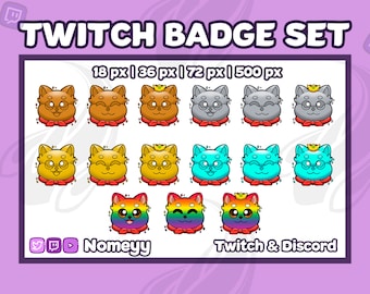 May include: A set of Twitch badges featuring cartoon cat designs in various colors, including brown, gray, yellow, and teal. Each cat has a red bow tie and some wear glasses or a crown. The text "TWITCH BADGE SET" is at the top.
