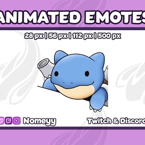 Może przedstawiać: Animowana emotka przedstawiająca niebieską kreskówkową istotę z dużą głową i małym ciałem, która wygląda zza białego tła. Istota ma duże, okrągłe, czarne oko i małe, czarne usta. Tekst "ANIMATED EMOTES" znajduje się w górnej części obrazu, a tekst "28 px | 56 px | 112 px | 500 px" znajduje się pod istotą. Tekst "Nomeyy" znajduje się w lewym dolnym rogu obrazu, a tekst "Twitch & Discord" znajduje się w prawym dolnym rogu obrazu.