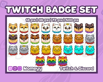 May include: A set of Twitch badges featuring cartoon Shiba Inu dogs in various colors and expressions. The badges include crowns, bow ties, and glasses. Text at the top reads "TWITCH BADGE SET". The set includes badges in sizes 18px, 36px, 72px, and 500px.