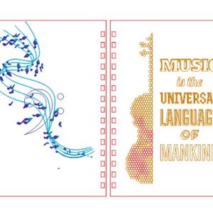 May include: A notebook with a spiral binding. The front cover features a blue and purple musical note design. The back cover features a gold outline of a violin with the text "MUSIC is the UNIVERSAL LANGUAGE OF MANKIND".