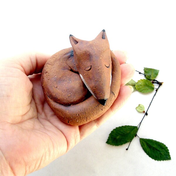 Reserved for Rae, RUSTIC Stoneware Sleeping Rusty Fox  Sculpture, Made to Order