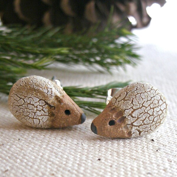 White and Brown Crackle Hedgehog Stud Earrings, So Tiny and Cute-Made to Order