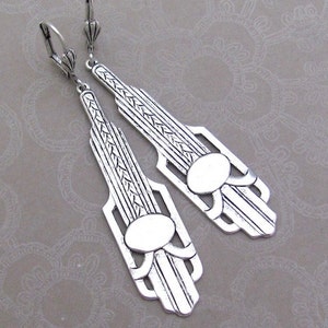 Long Art Deco Earrings Pendant Chandelier Antiqued Silver Plated image 4