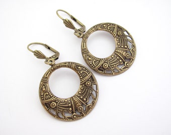 Hoop Egyptian Revival Earrings Antiqued  Brass Bridesmaid Gift Bridal Jewelry Wedding Jewelry Vintage Influence Gift