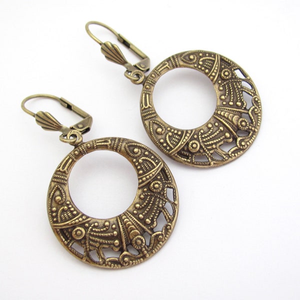 Hoop Egyptian Revival Earrings Antiqued  Brass Bridesmaid Gift Bridal Jewelry Wedding Jewelry Vintage Influence Gift