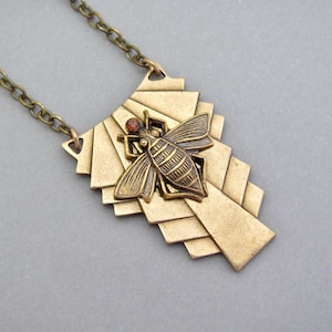 Bee Necklace Art Deco Bumble Bee Bohemian Antiqued Brass Vintage Design Honey Bee Insect Necklace