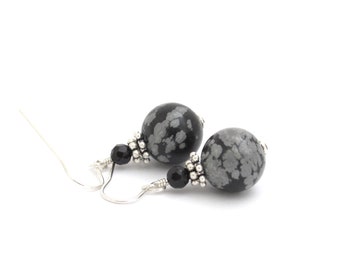 Snowflake Obsidian Black Onyx Earrings, Sterling Silver Dangle Drop Hawaiibeads Jewelry Earrings