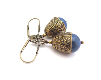 Lapis Lazuli Earrings Blue Stone Antiqued Brass Cosplay Ren Faire Flapper Bold Earrings