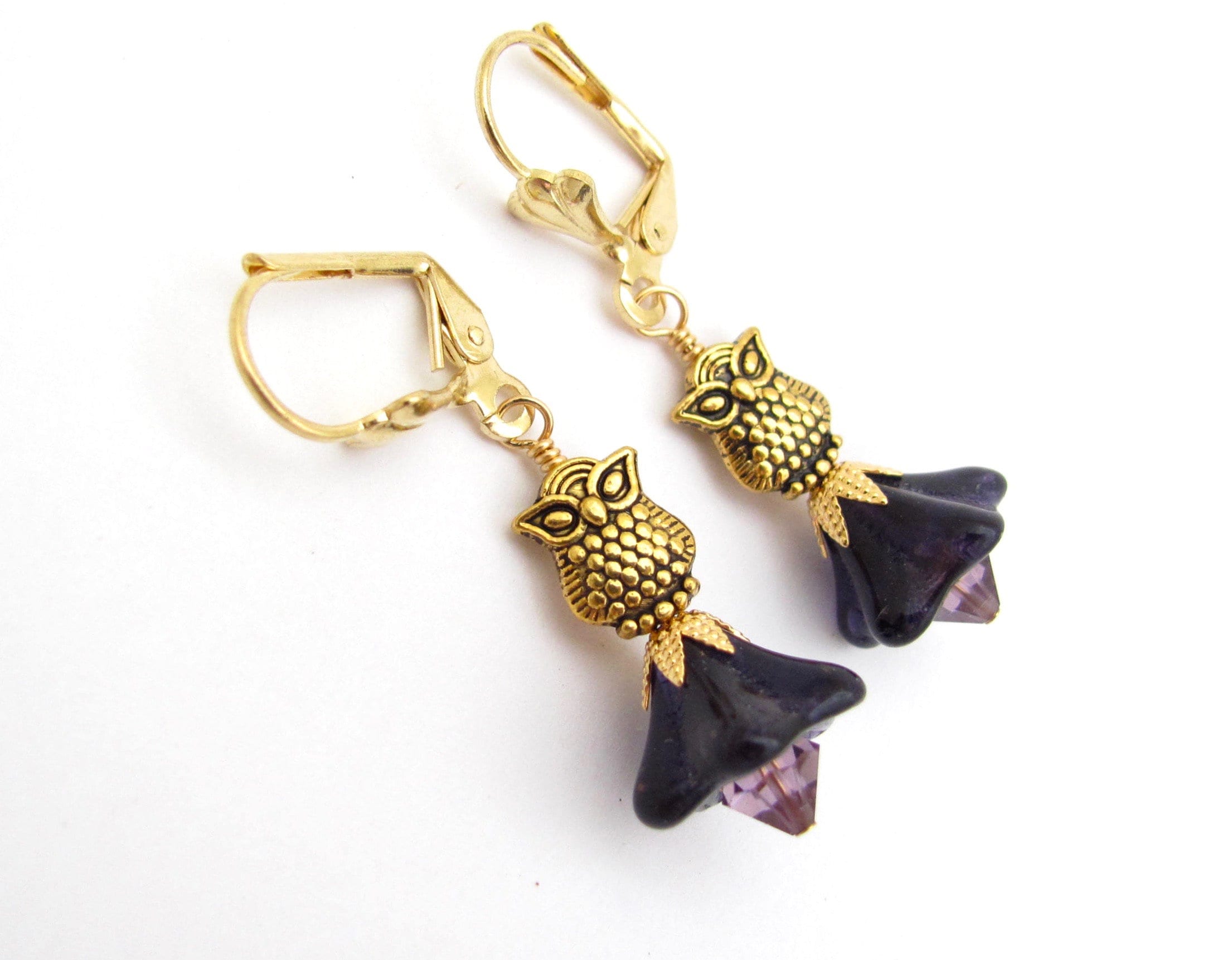 Owl Earrings Purple Flower Crystal Cosplay Ren Faire Fairy Tale Bird Earrings