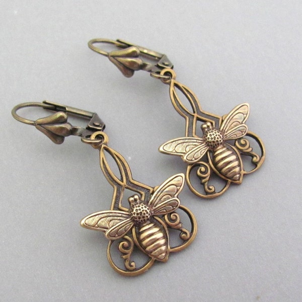 Art Deco Earrings Vintage Bumble Bee Bohemian Antiqued Brass Nouveau Vintage Insect Earrings