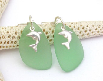 Dolphin Green Sea Glass Earrings Sterling Silver Made in Hawaii Bottle Green Hawaiian Beach Wedding Gift for Her Beach Earrings