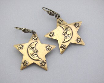 Man Moon Earrings Antiqued Brass Man in the Moon Stars Mystical Fantasy Cosplay Earrings