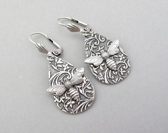 Art Nouveau Earrings Bumble Bee Flower Bohemian Antiqued Silver Plated Insect Earrings