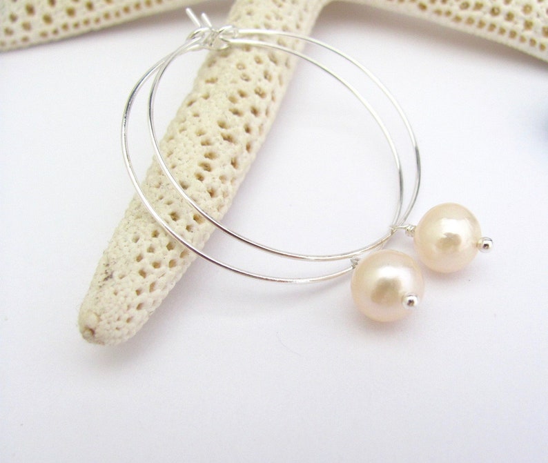 Hawaii Beads Jewelry Pearl Hoop Earrings Minimal Cream White Freshwater Pearls Bohemian Boho Silver Plated Hoops