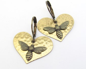 Heart Bee Earrings Bumble Bee Brutalist Hammered Hearts Bohemian Antiqued Brass Insect Romancecore Lovecore Ren Faire Earrings