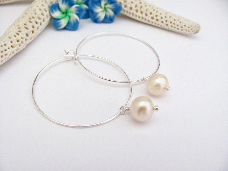 Hawaii Beads Jewelry Pearl Hoop Earrings Minimal Cream White Freshwater Pearls Bohemian Boho Silver Plated Hoops