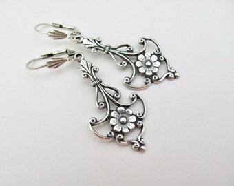 Art Deco Earrings Vintage Flower Fleur De Lis Bohemian Antiqued Silver Plated Brass Long Earrings