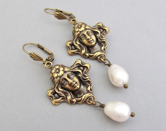 Vintage Goddess Earrings White Pearl Art Nouveau Deco Jewelry Antiqued Brass Renaissance Faire Cosplay Earrings