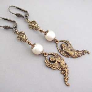 Goddess Earrings Art Nouveau Winged Goddess Jewelry Antiqued Brass Crystal Pearl Renaissance Fair Cosplay Edwardian Tudor Earrings