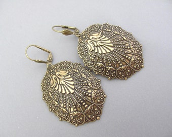 Art Nouveau Earrings Bold Vintage Shield Design Steampunk Cosplay Bohemian Antiqued Brass Holiday Birthday Bridal Earrings