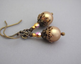 Bronze Pearl Earrings Ornate Steampunk Jewelry Wedding Gift Holiday Gift Christmas Earrings