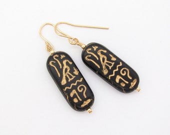 Vintage Earrings Egyptian Revival Black Glass 14K Gold Fill Art Deco Cosplay Birthday Party Ren Faire Gift Earrings