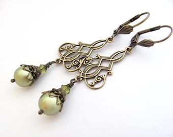 Art Nouveau Earrings Green Crystal Pearls Chain Antiqued Brass Wedding Classic Pearl Renaissance Baroque Tudor Valentine Earrings