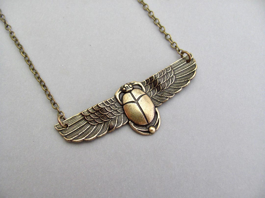 Art Deco Necklace Egyptian Revival Scarab Pendant Oxidized Brass Chain ...