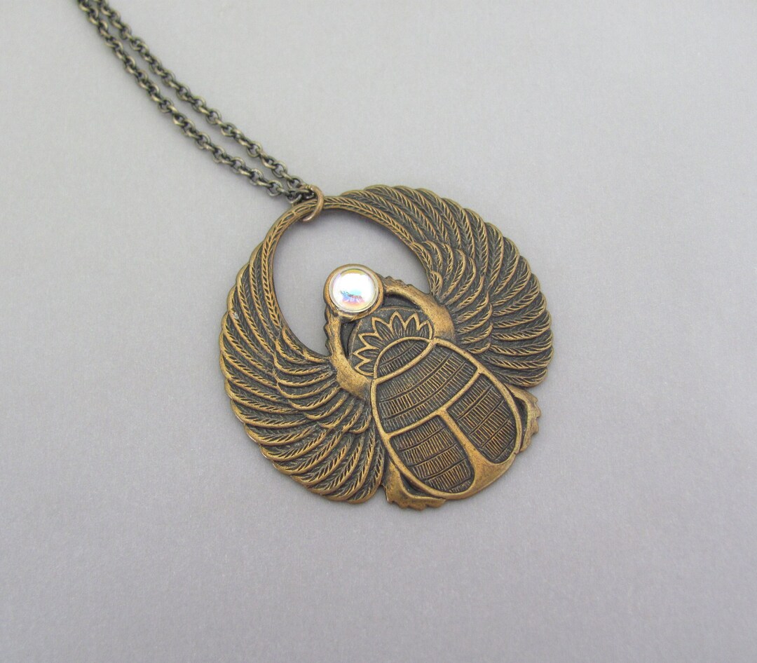 Art Deco Necklace Winged Scarab Egyptian Revival Pendant Antiqued Brass ...