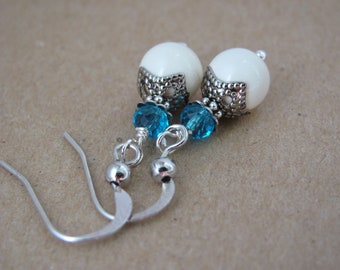 Ivory Pearl Earrings Swarovski Crystal Pearls Blue Crystal Silver Plated Earrings