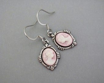 Art Deco Cameo Earrings Lilac Antiqued Silver Plated Dangle Drop Clip On Earrings