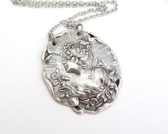 Victorian Goddess Necklace Pendant Antiqued Silver Plate Chain Birthday Wedding Vintage Art Deco Nouveau Necklace