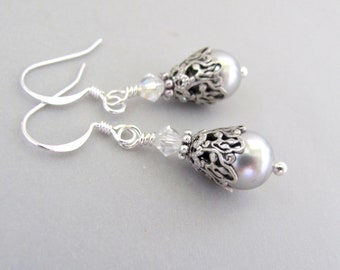 Silver Gray Pearl Earrings Swarovski Crystals Antiqued Silver Plated Gift for Wedding Bride Earrings