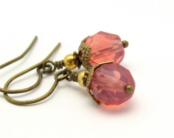 Peach Beaded Earrings Boho Dangle Antiqued Brass Victorian Style Dainty Bohemian Jewelry Earrings